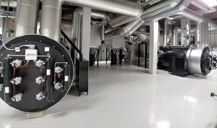 The technical room of a crematorium with a DFW Europe filtration installation